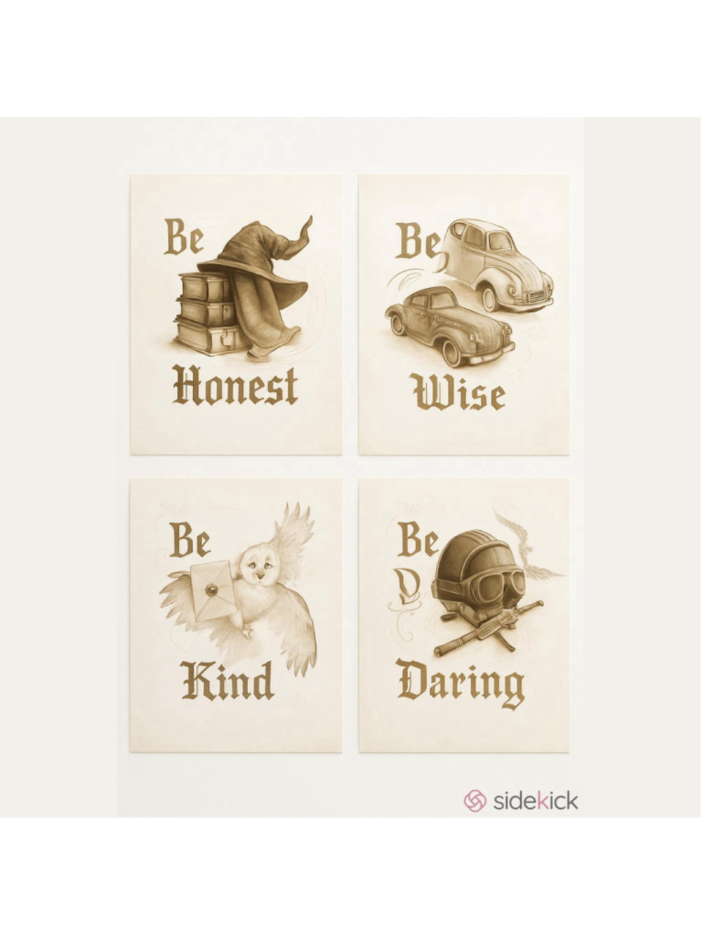Set of Four 11x16in Beige and Brown Harry Potter Inspired Art Prints Poster NIB
